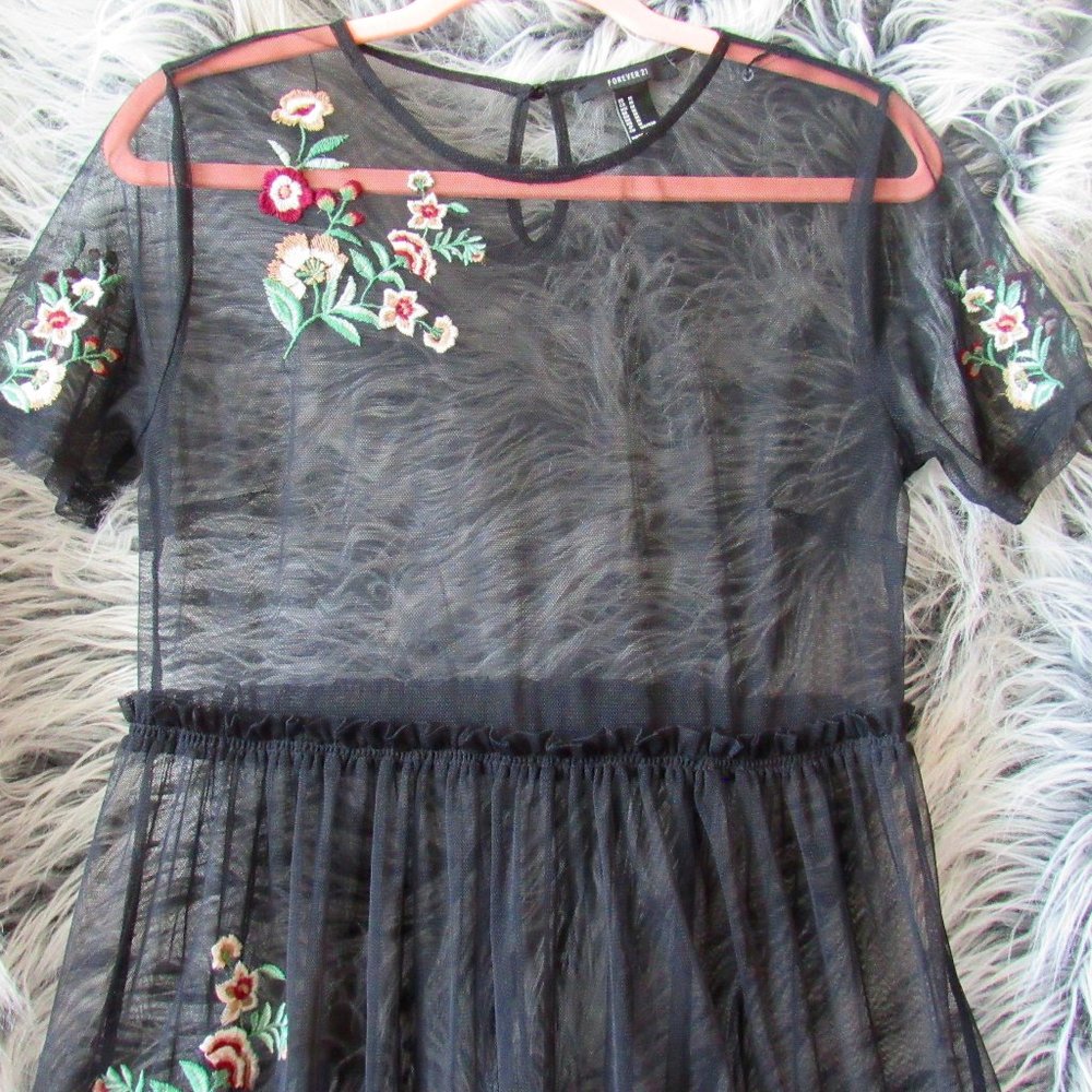 Forever 21 Black Sheer Midi Dress Floral Embroidered